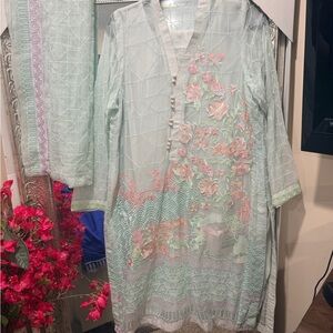 Pakistani Indian Desi Outfit Embroidered Pastel Mint Kurta with pant/dupatta